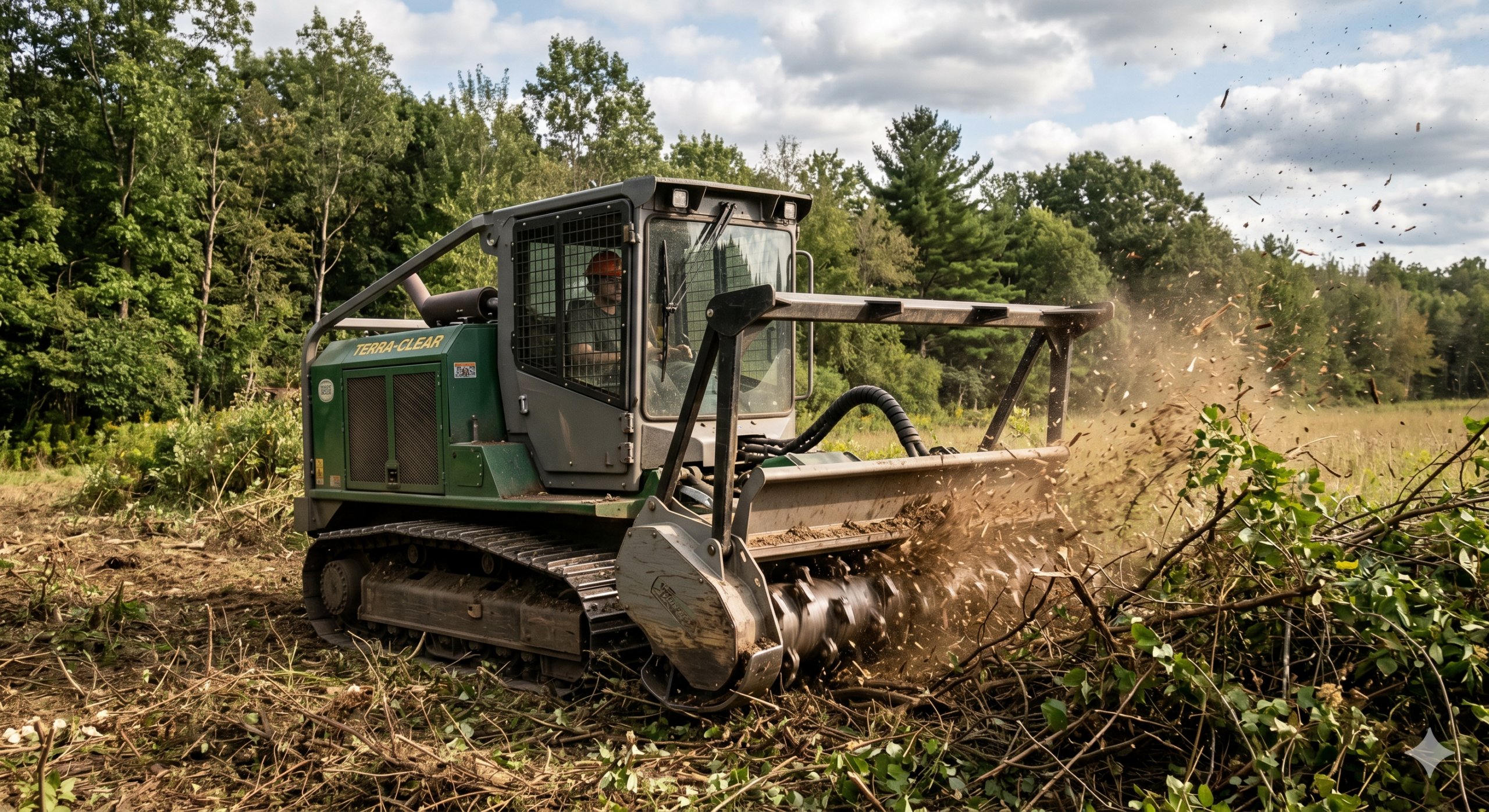 Forestry mulching machine clearing overgrown brush and vegetation